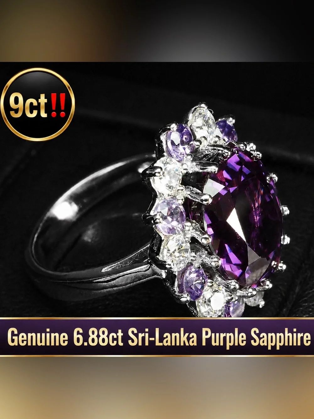 Pleocroic Purple Sapphire & white sapphire ring 14k 925 size 6 , carats at 9.03